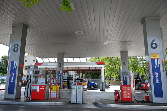 Orlen Gas Station Fuel Dispensers with Pump Numbers Close Up