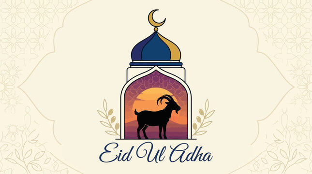 Eid ul‑Adha emblem with mosque dome, crescent moon, goat silhouette, laurel wreath, stars, ornate archway, cultural spiritual blessing.