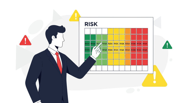 Business risk assessment matrix analysis with analyst pointing at scores