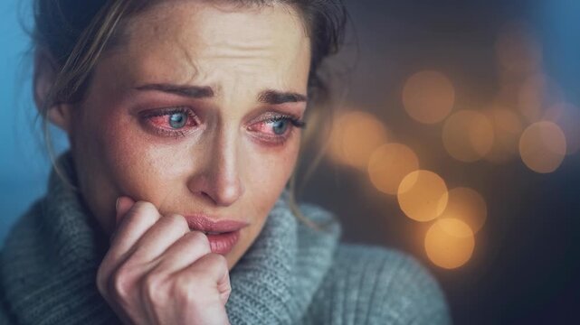 Close up of anxious woman with red teary eyes biting nails feeling stress and nervousness