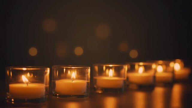 Row of softly glowing candles flickering gently in a dim room casting warm cozy light ambiance