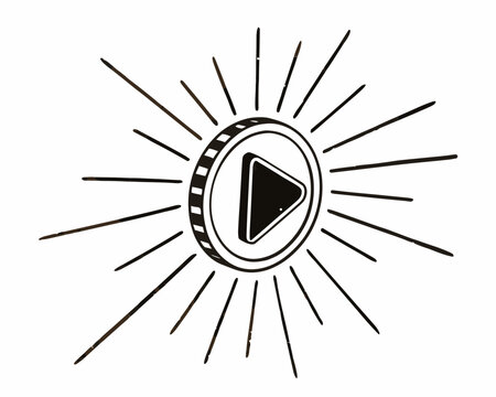 Abstract Video Play Button and Multimedia Streaming Illustration:
Minimalist black and white line art vector illustration of a 3D play button coin with radiating sunburst lines. Modern design concept 