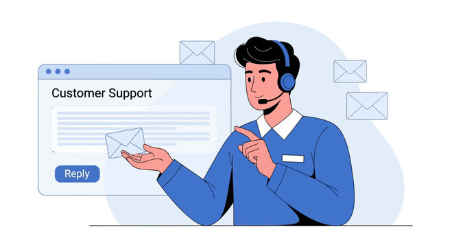Customer Support Agent with Headset and Email Interaction Graphic