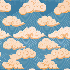 Fototapeta premium Japanese traditional wave and cloud motifs, elegant ethnic vector texture, seamless oriental pattern
