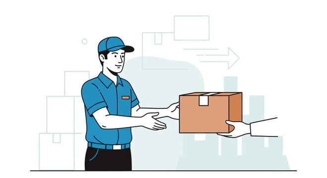 Delivery worker hands over package to customer, e-commerce logistics concept