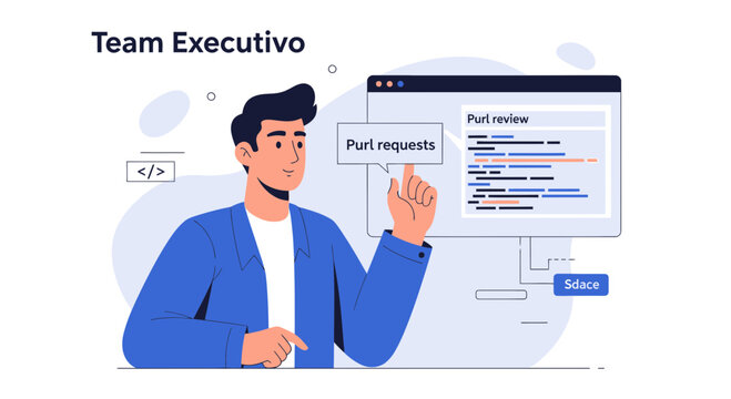 Developer working on code review and pull requests, modern flat illustration