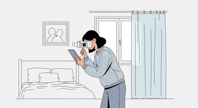 Woman using VR headset and tablet in bedroom, exploring virtual reality