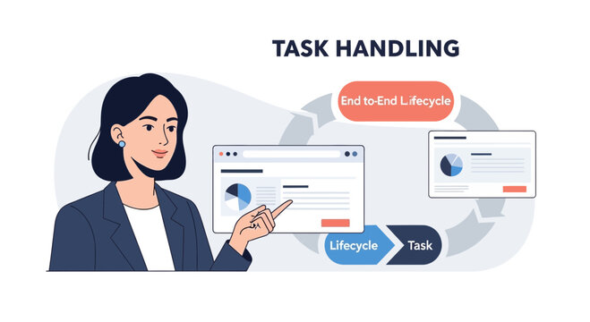 Businesswoman points to task handling workflow, process management, project lifecycle