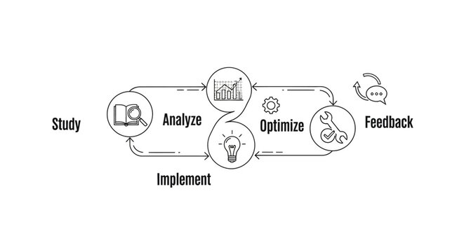 Business process improvement cycle with study, analyze, optimize, implement, feedback steps.