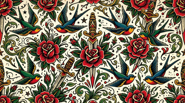 Vibrant tattoo art of swallows roses and swords on cream