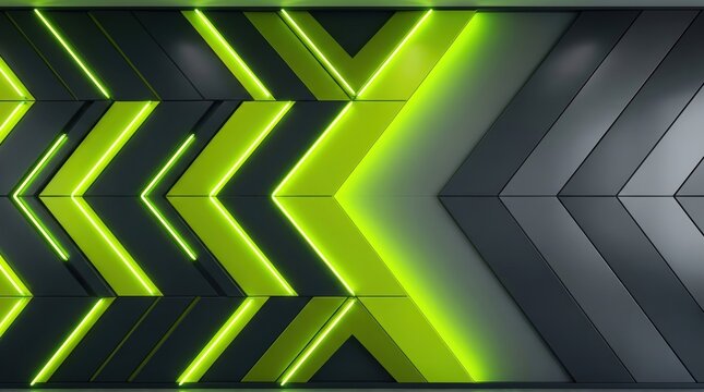 Futuristic neon chevron background with glowing lime green lights, 3d geometric arrow pattern on dark metallic panels, high tech motion graphic texture for gaming and cyber security banners.