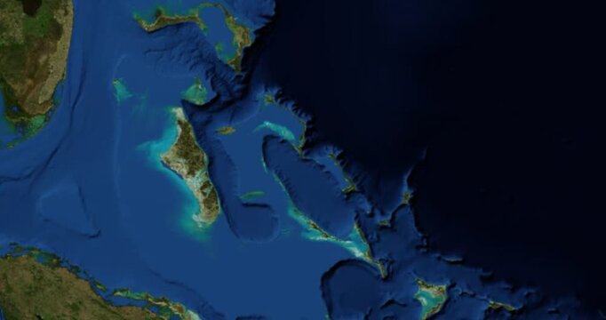 Little San Salvador Island on Globe. Zoom into the island with Earth spinning in space. Locating position on high detail physical world map. Elements of this image furnished by NASA.