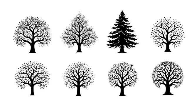 Collection of various tree silhouettes.