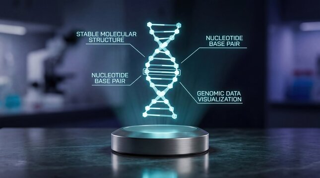 3d hologram dna helix structure in laboratory genomic data visualization nucleotide base pair analysis stable molecular shape science and medicine background biotechnology