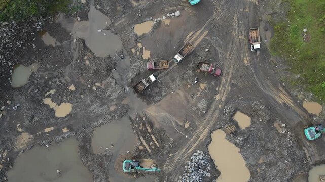Mining Work in Rock and Sand Quarry, Mining Site View from Above