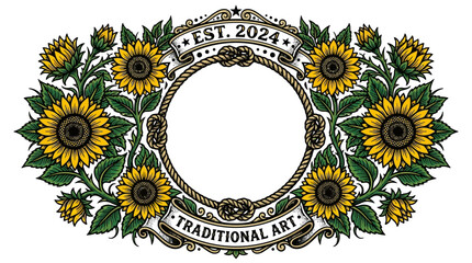 Vintage sunflower wreath with rope border and traditional art banner © Nisitha