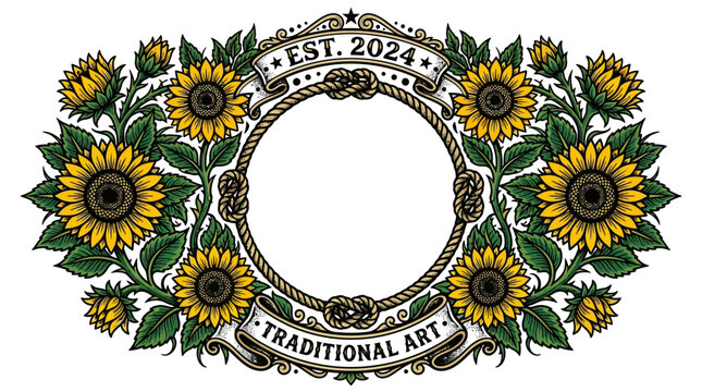 Vintage sunflower wreath with rope border and traditional art banner