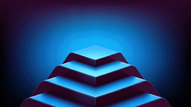 Futuristic blue podium with tiered steps for product display, 3D geometric stage with neon glowing light, abstract pedestal platform for presentation, minimalist showcase in dark studio space.