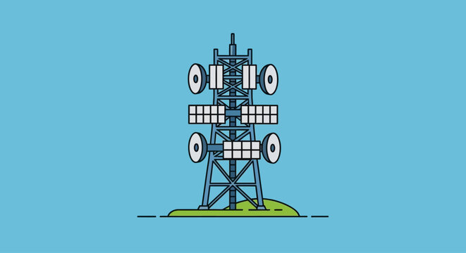 Communication tower with antennas and panels on a green hill.