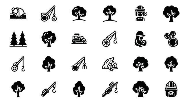 Black icons of trees and industrial tools.