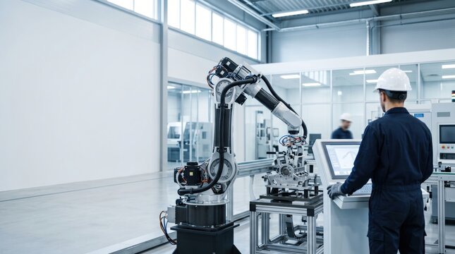 Factory industrial automation robotic arm machinery operating assembly line in modern manufacturing plant with engineer technician monitoring process