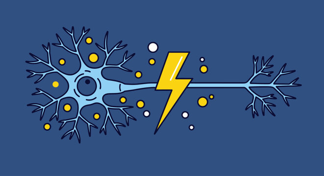 Abstract illustration of a nerve cell with a lightning bolt representing an electrical impulse.