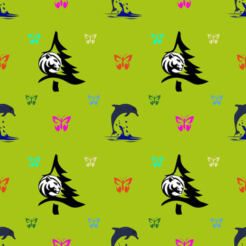 Creative seamless vector pattern with tiger, pine tree, dolphin and colorful butterflies. Perfect for textile fabric, wallpaper, wrapping paper, kids decor and modern surface pattern projects.