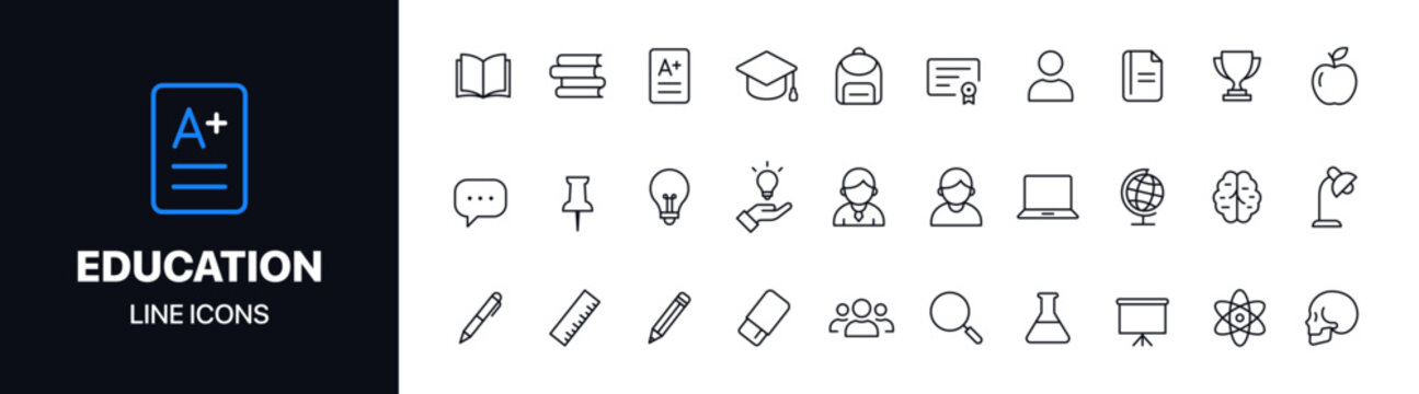 Clean education line icons vector set featuring school, learning, science, and academic symbols. Ideal for web design, apps, presentations, and educational platforms.