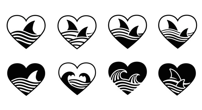 heart shaped wave icons with shark fins.