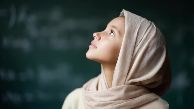 Serene woman in beige hijab gazing thoughtfully in soft lighting