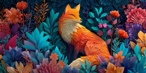 Fototapeta premium Vibrant Fox in Colorful Floral Garden with Detailed Leaves and Flowers, Showcasing Nature's Beauty in a Lush, Illustrative Style