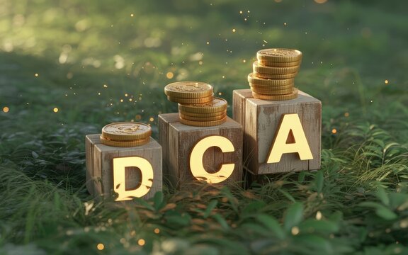 Creative financial concept illustration showing stacked coins on wooden blocks spelling DCA in outdoor setting