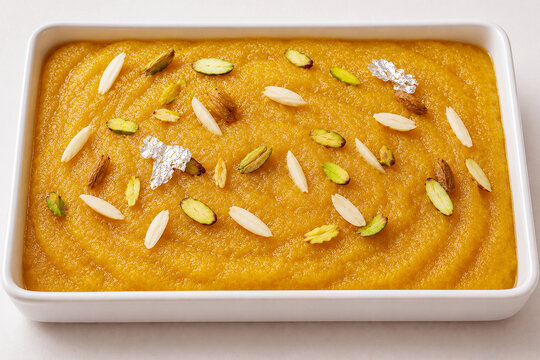 Saffron Sooji Halwa with Pistachio Almond Topping in White Dish Flat Lay