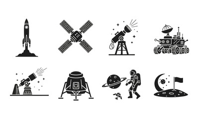 Set of Space and Astronomy Black Vector Icons. Cosmic Exploration Collection. © Rohit