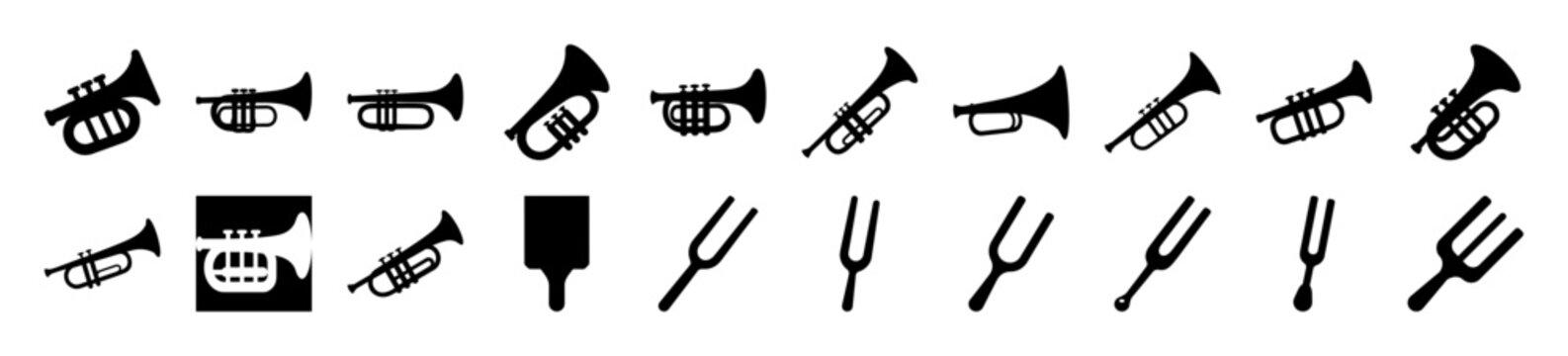 Black and white musical instruments vector icons set - A clean collection of vector icons featuring various musical instruments in black and white for easy use in designs and projects.