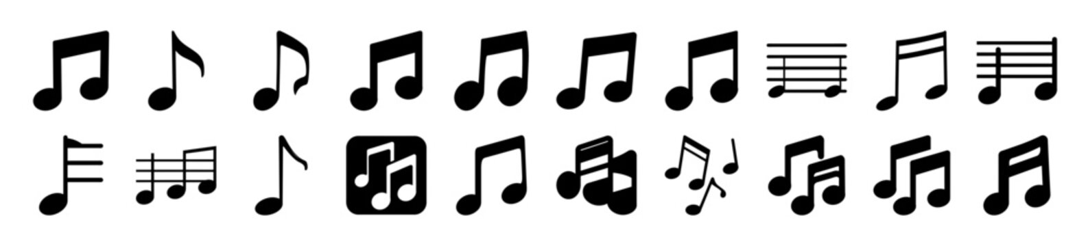 Flat musical notes icon set with quarter and eighth notes - Minimalist vector icon set showing various musical notes including quarter, eighth, and half notes in black and white.