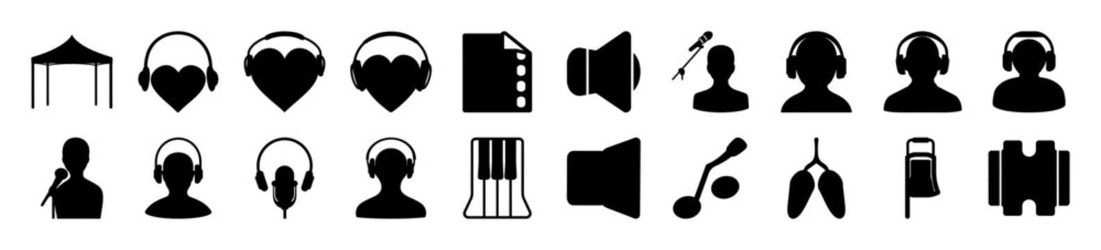 Flat icons set of communication and media devices - Modern flat icons showing various communication tools like headphones, microphones, speakers, and social media avatars in black and white style.