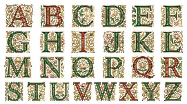 Alphabet letters with floral designs and patterns