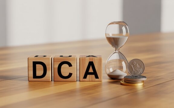 DollarCost Averaging Investment Strategy Concept Featuring Wooden Blocks Coins and Hourglass on Wooden Surface
