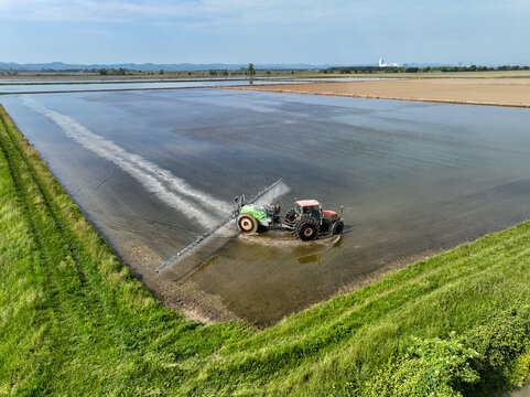 Aerial view of a tractor working in a flooded rice field surrounded by green grass and distant hills in Trino, Piedmont, Italy.
