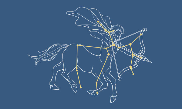 ネイビー色の背景に浮かぶ射手座の線画イラスト（白線のケンタウルスの絵とゴールド色の星座線）