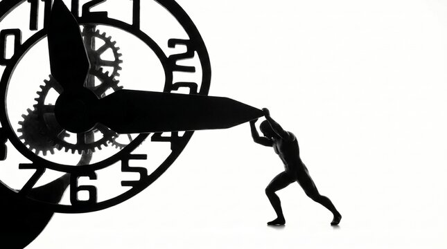 Silhouette of a man trying to stop the hands of a large mechanical clock with gears