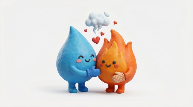 Blue water drop character gently hugging fire