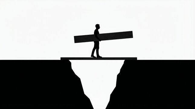 Silhouette of person building bridge between cliffs