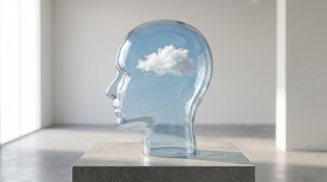 Transparent glass head profile with floating cloud
