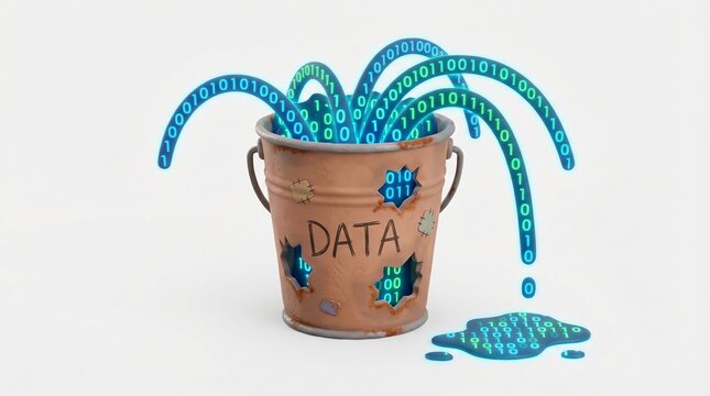 Humorous 3D render of a data bucket with holes leaking binary code security breach concept