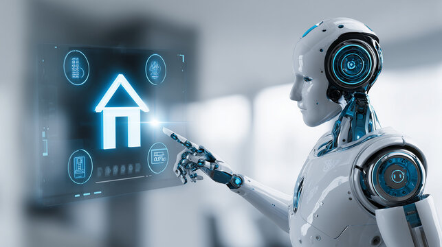 The Smart Home of Tomorrow: A sleek robot interacts with a futuristic digital interface. This photo highlights the possibilities of smart home technology. 