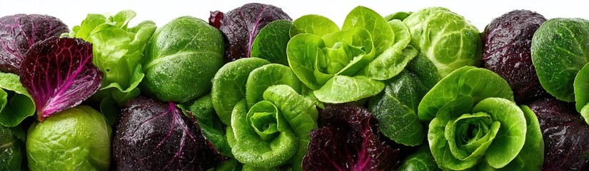 Obraz premium Fresh green and red lettuce varieties arranged in a row, showcasing crisp leaves and vibrant colors against a clean white background