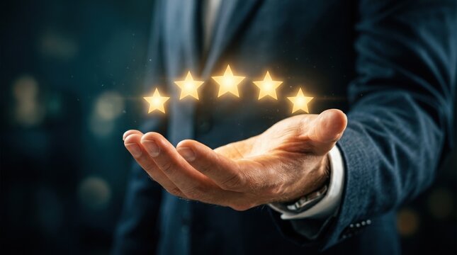 Elevated Service with Glowing Stars: A hand, elegantly positioned, cradles a constellation of five radiant stars, symbolizing exceptional service and exceeding expectations.