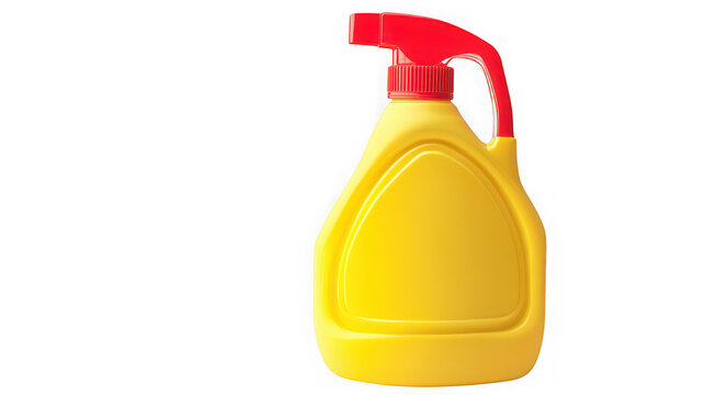 Yellow detergent bottle with red spray nozzle isolated on white background